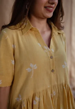 Zinat Yellow Dabu Slub Cotton A Line Dress with Embroidery