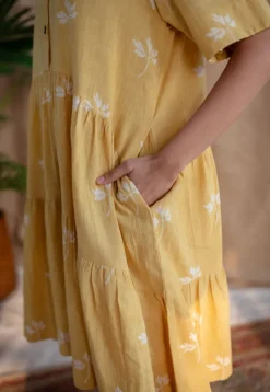 Zinat Yellow Dabu Slub Cotton A Line Dress with Embroidery