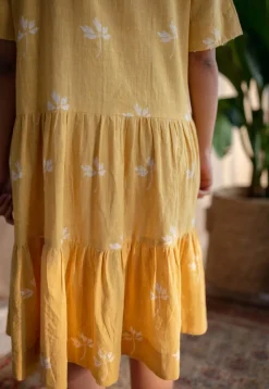 Zinat Yellow Dabu Slub Cotton A Line Dress with Embroidery
