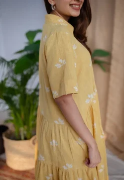 Zinat Yellow Dabu Slub Cotton A Line Dress with Embroidery
