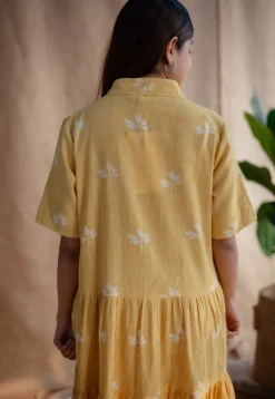 Zinat Yellow Dabu Slub Cotton A Line Dress with Embroidery