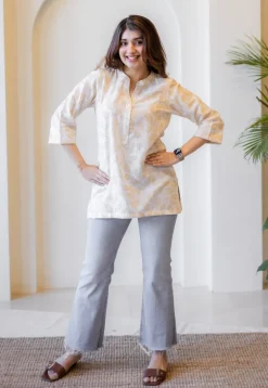 Zinia Beige Hand Block Print Slub Cotton Straight Short Top