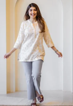Zinia Beige Hand Block Print Slub Cotton Straight Short Top