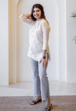 Zinia Beige Hand Block Print Slub Cotton Straight Short Top