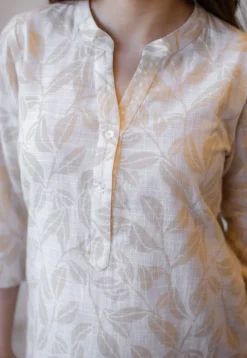 Zinia Beige Hand Block Print Slub Cotton Straight Short Top